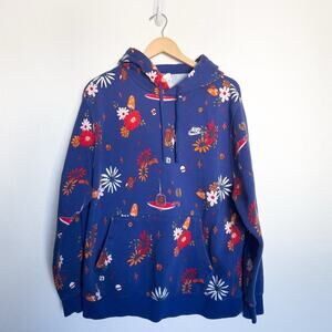 Nike Flower UFO lLub Hoodie XL Sweatshirt Blue Drawstring Embroidered Mushroom